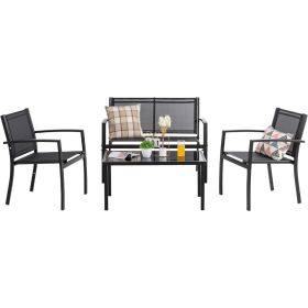 4 Pieces Patio Furniture Set All Weather Textile Fabric Outdoor,Glass Coffee Table,2 Single Chairs Black Garden Furniture Sets