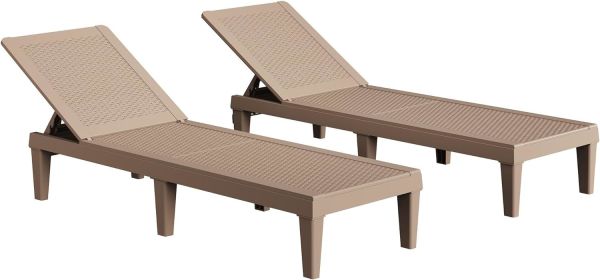 Outdoor Chaise Lounge Chair Set of 2, 5-Position Adjustable Backrest, All Weather Outdoor Lounge Chairs. (Color: Light Coffee)