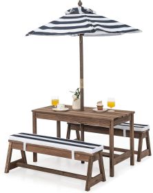 Picnic Table with Removable Cushions and Umbrella, Stripe Fabric, Safe and Solid Fir Wood, Deform-proof Outdoor Tables (Color: Blue)