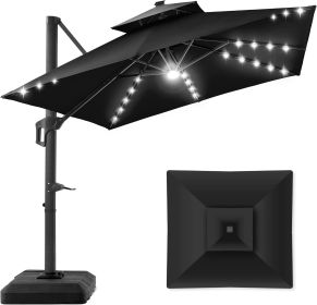 Patio Umbrella with Solar LED Lights, 10x10ft 2-Tier Square Cantilever, Fillable Base, 360 Rotation, Outdoor Sun Umbrella (Color: Black)