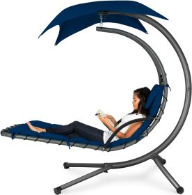 Best Choice Products Outdoor Hanging Curved Steel Chaise Lounge Chair Swing w/Built-in Pillow and Removable Canopy -Red (Color: Navy Blue)