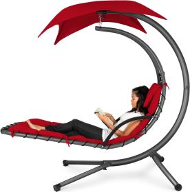 Best Choice Products Outdoor Hanging Curved Steel Chaise Lounge Chair Swing w/Built-in Pillow and Removable Canopy -Red (Color: Red)