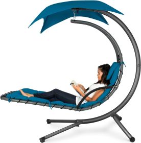 Best Choice Products Outdoor Hanging Curved Steel Chaise Lounge Chair Swing w/Built-in Pillow and Removable Canopy -Red (Color: Peacock Blue)