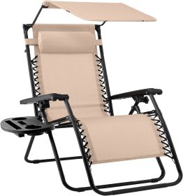 Folding Beach Chair, Adjustable Canopy Shade and Headrest and Side Accessory Tray, All Weather Outdoor Lounge Chairs. (Color: Beige)