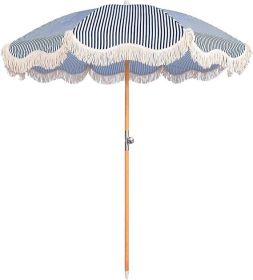 Funsite 6.5ft Boho Beach Umbrella with Fringe, UPF 50+ Tassel Umbrellas with Carry Bag, Premium Wood Pole Foldable Patio (Color: Blue Stripe)