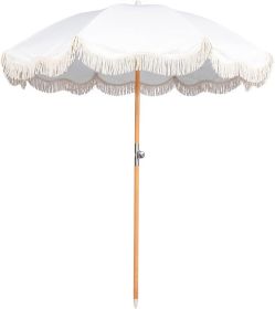 Funsite 6.5ft Boho Beach Umbrella with Fringe, UPF 50+ Tassel Umbrellas with Carry Bag, Premium Wood Pole Foldable Patio (Color: White)