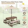 Picnic Table with Removable Cushions and Umbrella, Stripe Fabric, Safe and Solid Fir Wood, Deform-proof Outdoor Tables